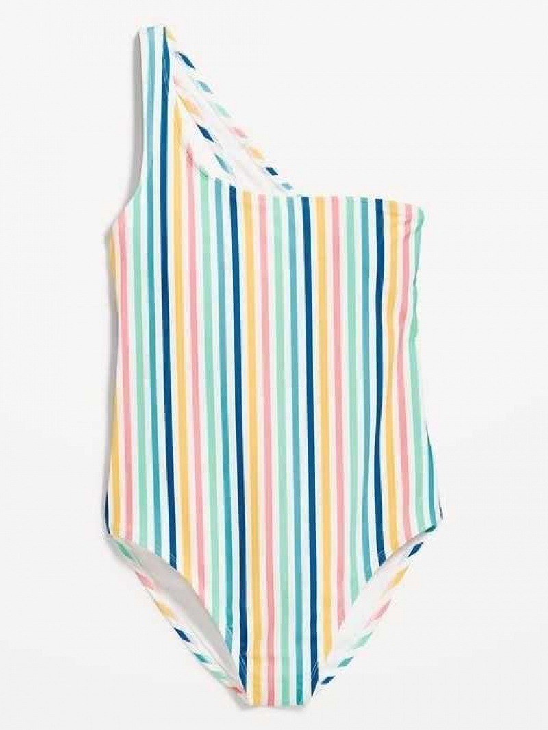 Old Navy Matching Printed One-Shoulder One-Piece Swimsuit Multicolor Stripes | TRF382056