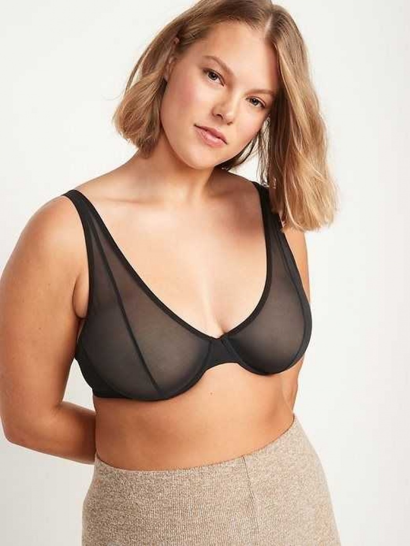 Old Navy Mesh Unlined Underwire Plunge Bra Black | YBM497386