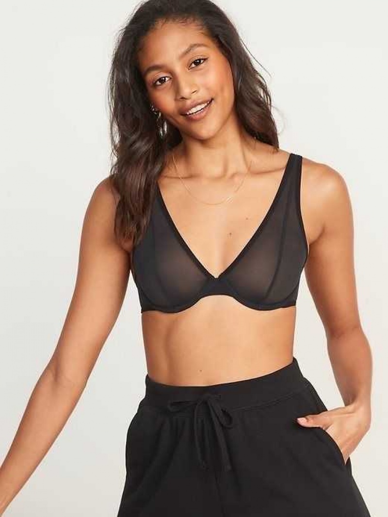 Old Navy Mesh Unlined Underwire Plunge Bra Black | YBM497386