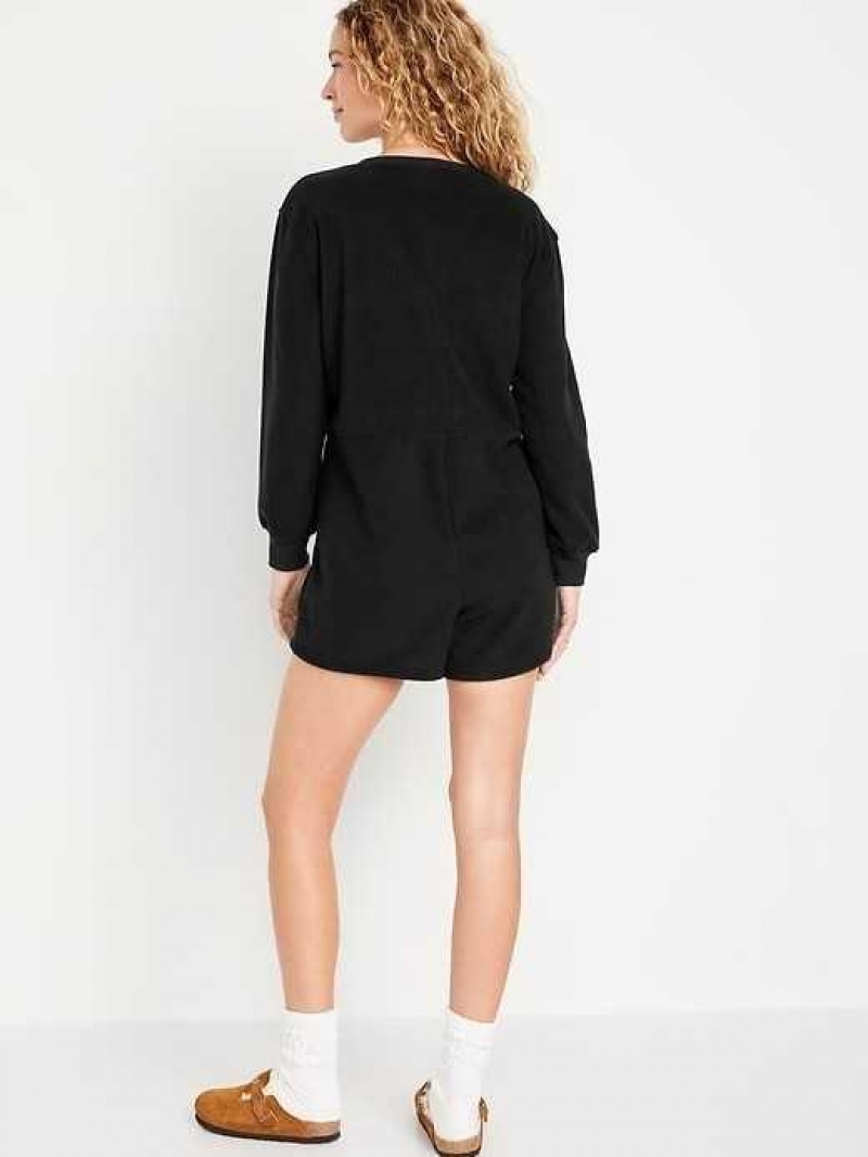 Old Navy Micro Fleece Henley Pajama Romper Black | VBQ602841