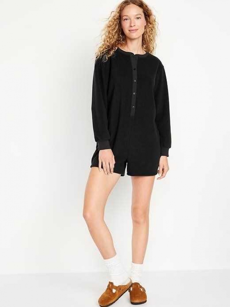 Old Navy Micro Fleece Henley Pajama Romper Black | VBQ602841