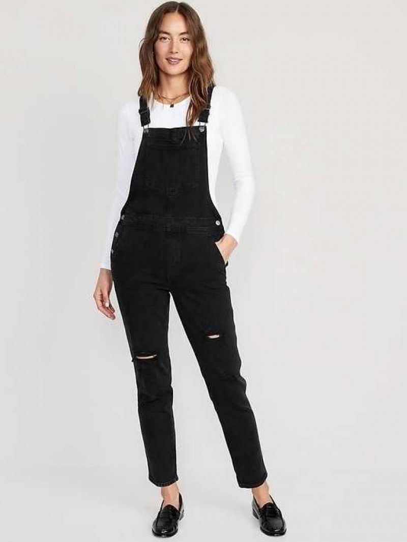 Old Navy OG Straight Black-Wash Ripped Jean Overalls Black | UYI410578