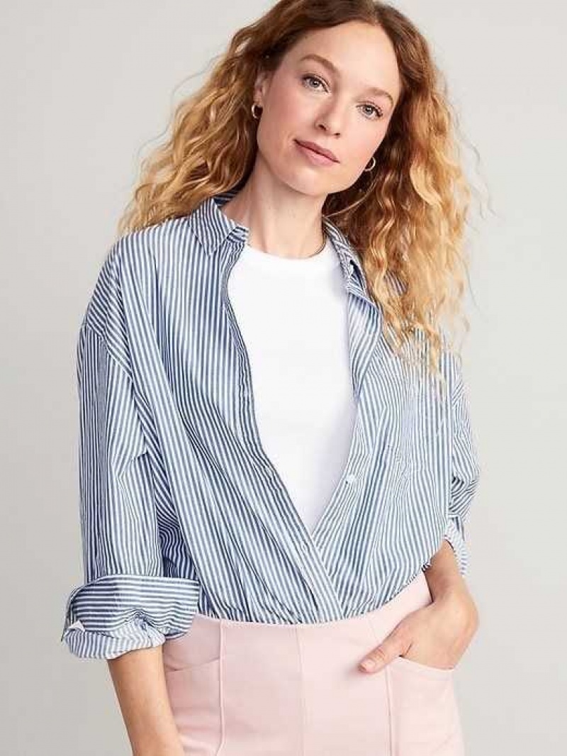 Old Navy Oversized Poplin Boyfriend Shirt Blue Stripes | AVW523704