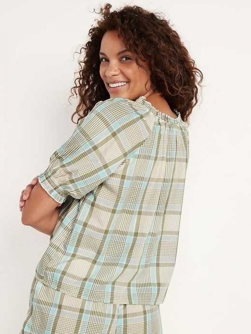 Old Navy Plaid Smocked-Sleeve Pajama Top Green / Blue | XEW984507