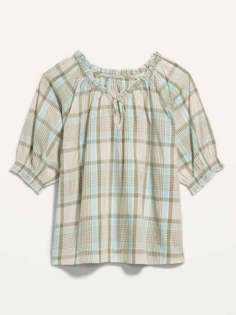 Old Navy Plaid Smocked-Sleeve Pajama Top Green / Blue | XEW984507