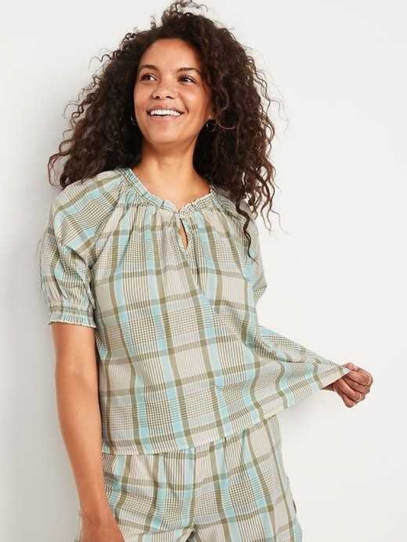 Old Navy Plaid Smocked-Sleeve Pajama Top Green / Blue | XEW984507