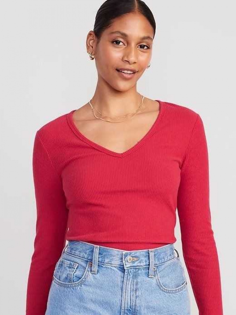 Old Navy Plush Long-Sleeve V-Neck T-Shirt Red | GXS781956