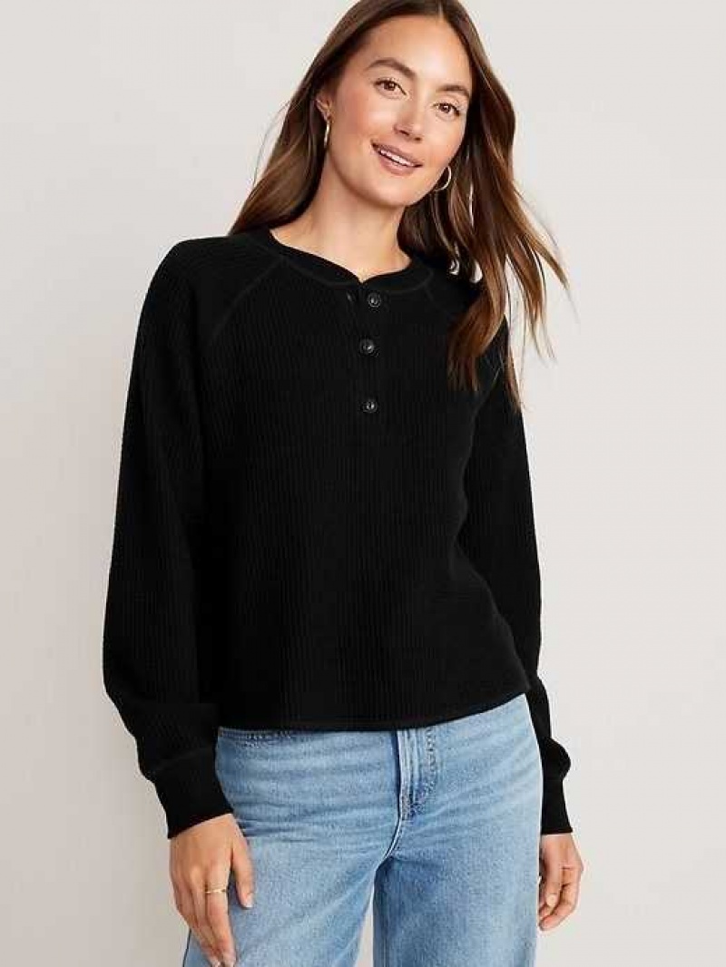 Old Navy Plush Waffle-Knit Henley Top Black | GOX641920