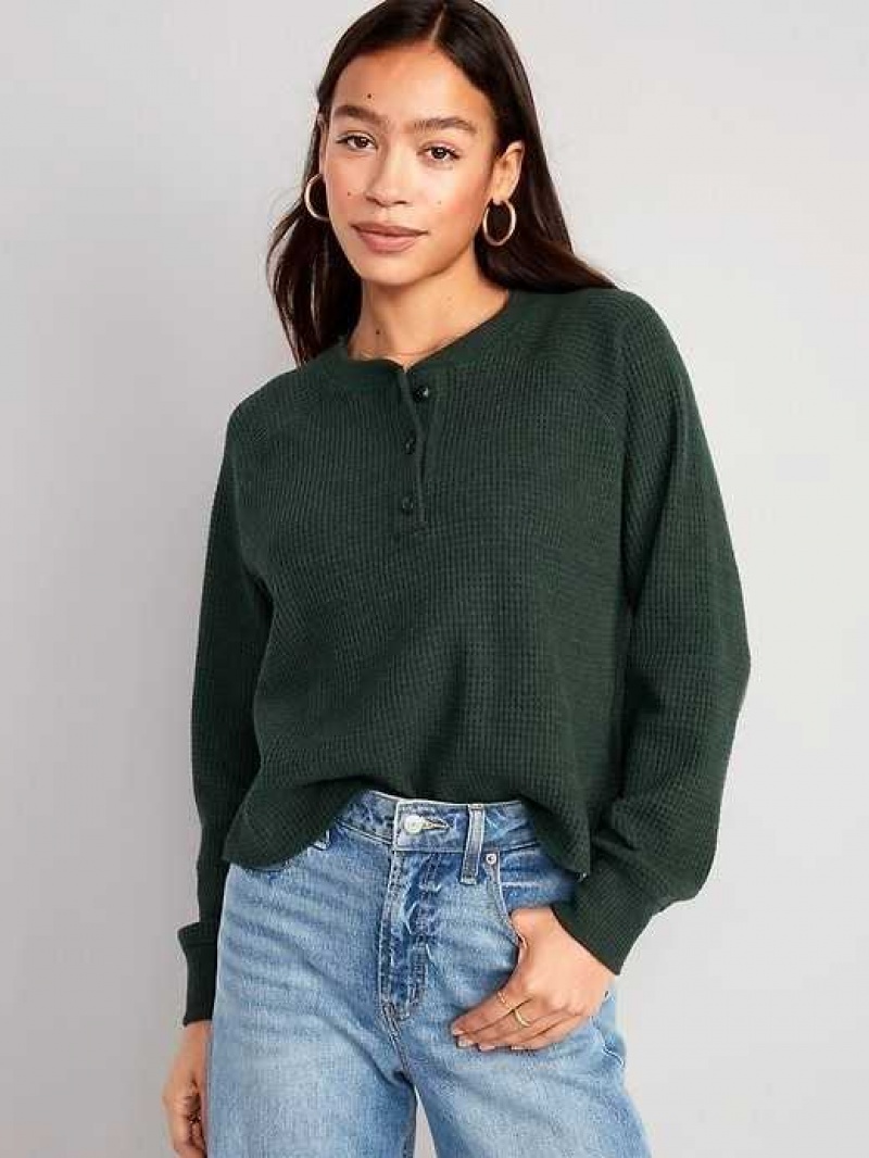 Old Navy Plush Waffle-Knit Henley Top Dark Bottle | TRU379816