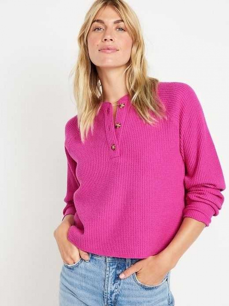 Old Navy Plush Waffle-Knit Henley Top Flamingo Feather | YOQ321609