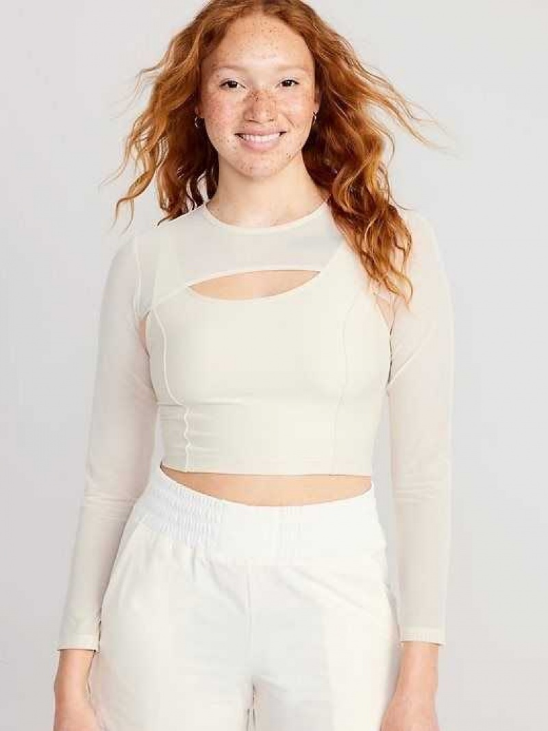 Old Navy PowerSoft 2-in-1 Mesh-Sleeve Cropped Top Cozy Cashmere | PAE839647