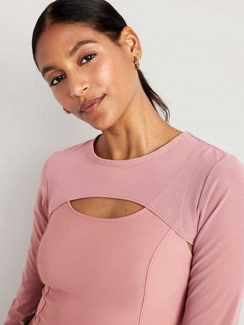 Old Navy PowerSoft 2-in-1 Mesh-Sleeve Cropped Top Woodrose | ICE735928