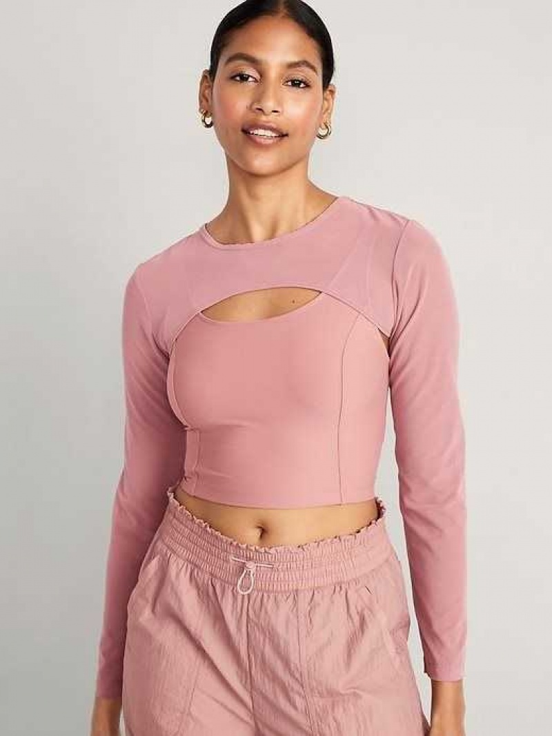 Old Navy PowerSoft 2-in-1 Mesh-Sleeve Cropped Top Woodrose | ICE735928