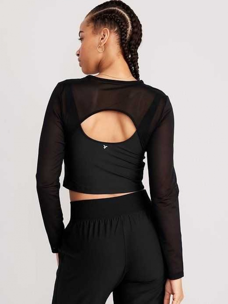 Old Navy PowerSoft 2-in-1 Mesh-Sleeve Cropped Top Black | WXL423150