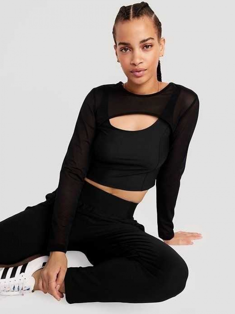 Old Navy PowerSoft 2-in-1 Mesh-Sleeve Cropped Top Black | WXL423150