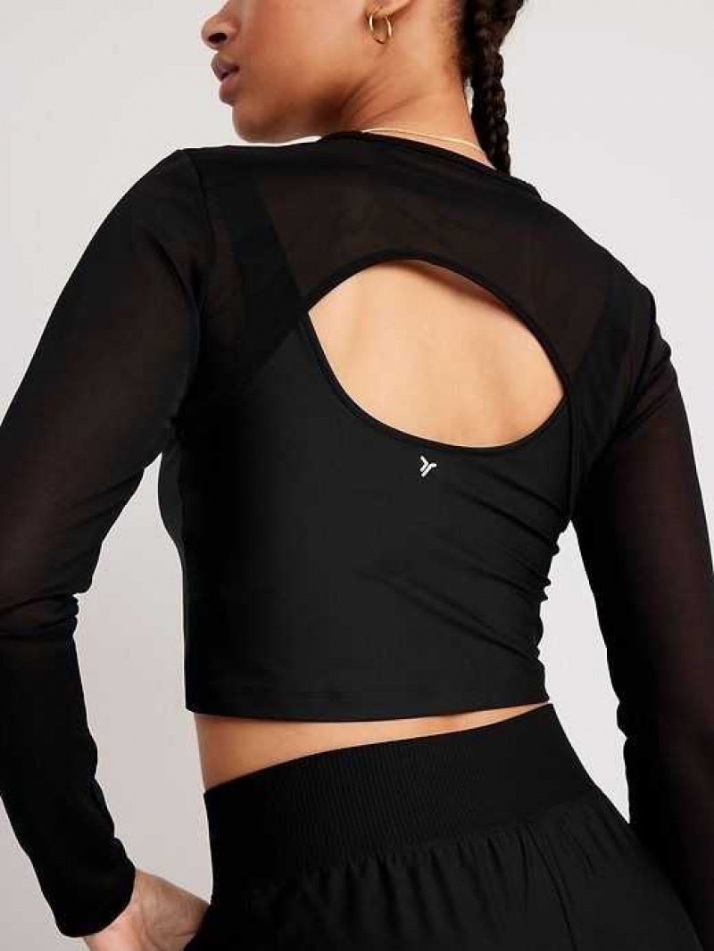 Old Navy PowerSoft 2-in-1 Mesh-Sleeve Cropped Top Black | WXL423150