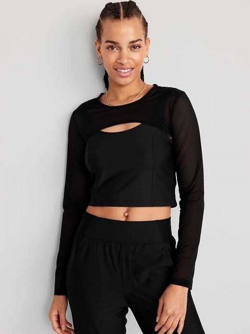 Old Navy PowerSoft 2-in-1 Mesh-Sleeve Cropped Top Black | WXL423150