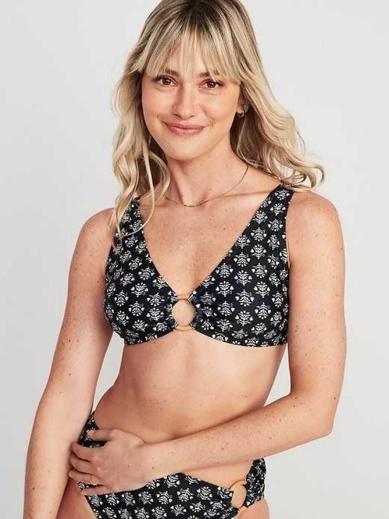 Old Navy Printed O-Ring Bikini Swim Top Black Flower | YDR648910