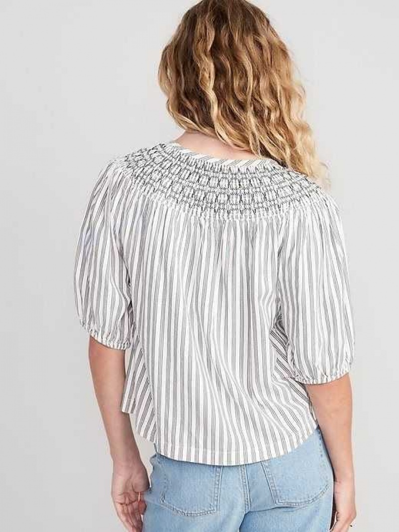 Old Navy Puff-Sleeve Striped Smocked Embroidered Poet Blouse Black White Stripes | QBC052381