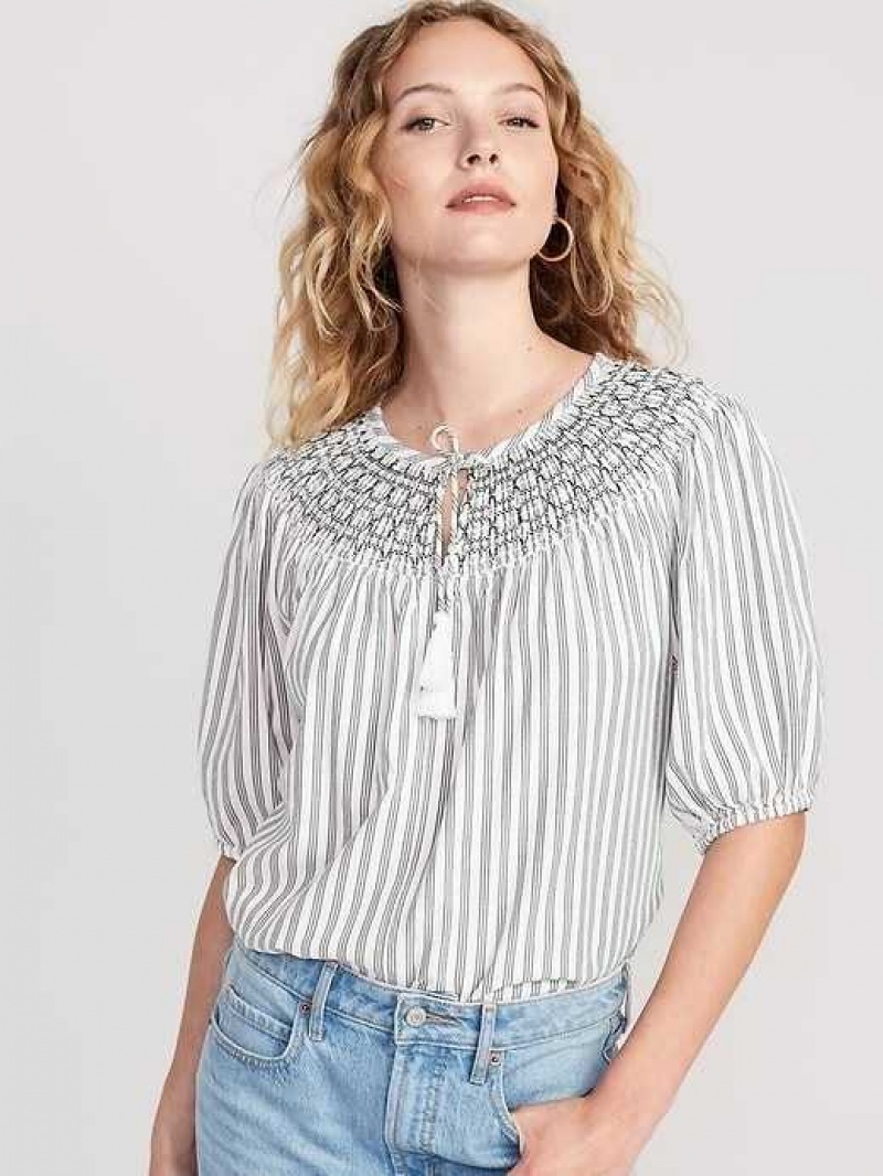 Old Navy Puff-Sleeve Striped Smocked Embroidered Poet Blouse Black White Stripes | QBC052381