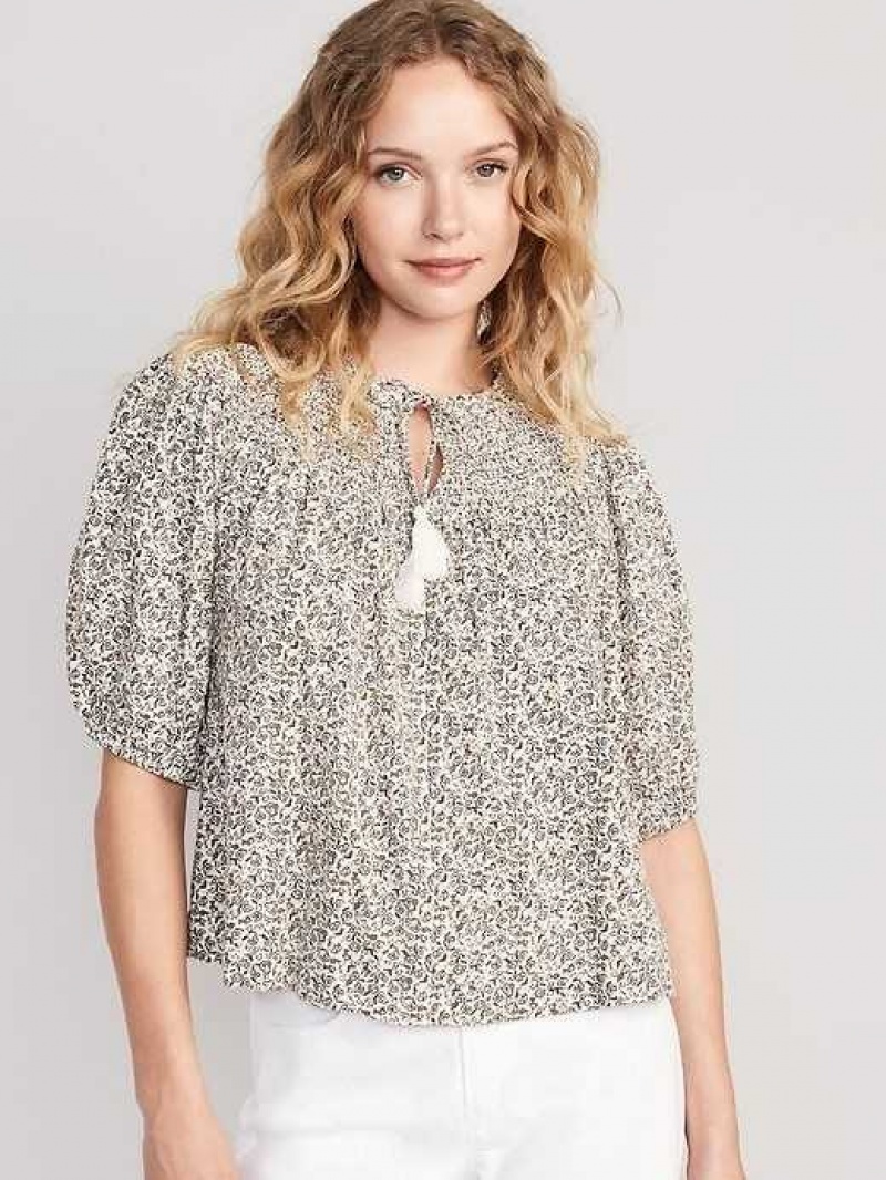 Old Navy Puff-Sleeve Tie-Front Embroidered Swing Top White | TMO763481