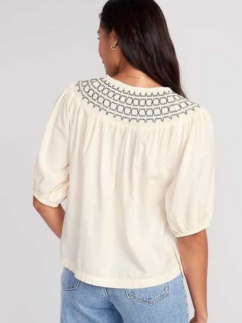 Old Navy Puff-Sleeve Tie-Front Embroidered Swing Top Creme De La Creme | KOH084526