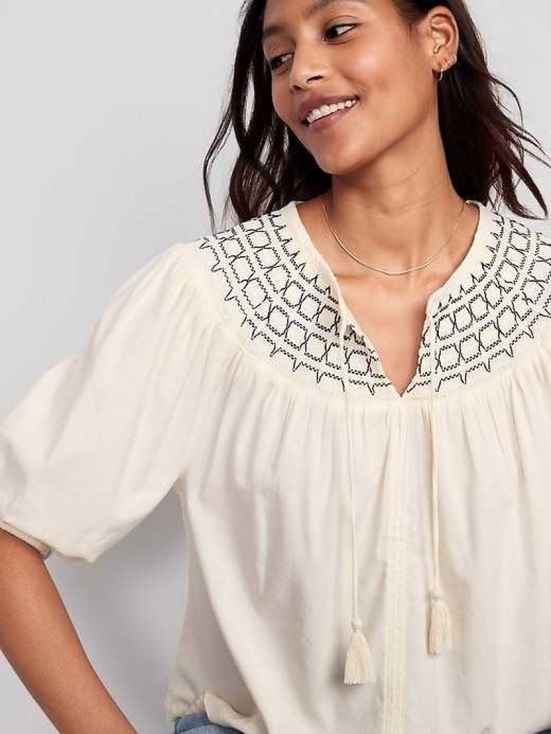 Old Navy Puff-Sleeve Tie-Front Embroidered Swing Top Creme De La Creme | KOH084526