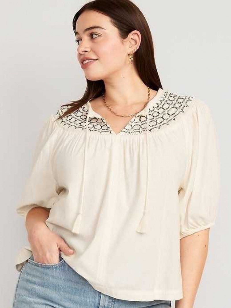 Old Navy Puff-Sleeve Tie-Front Embroidered Swing Top Creme De La Creme | KOH084526