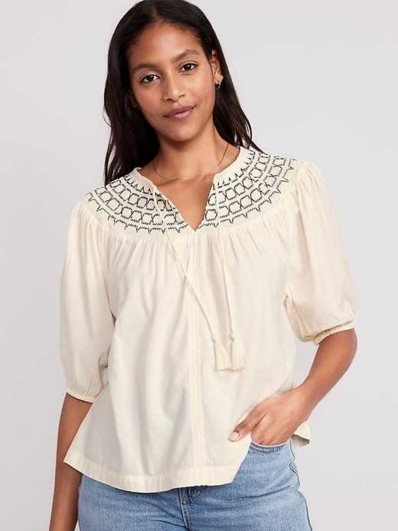 Old Navy Puff-Sleeve Tie-Front Embroidered Swing Top Creme De La Creme | KOH084526