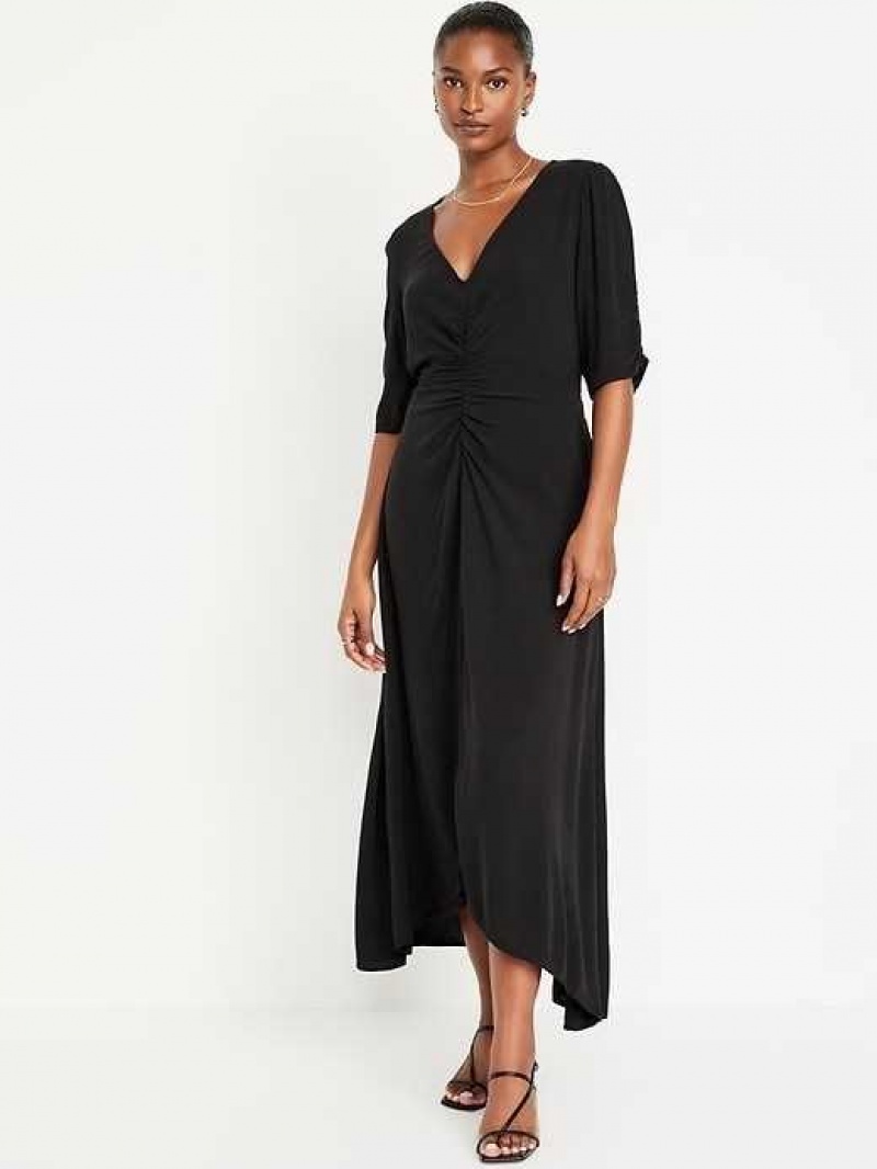 Old Navy Puff-Sleeve V-Neck Crepe Midi Dress Blackjack | QDI079624