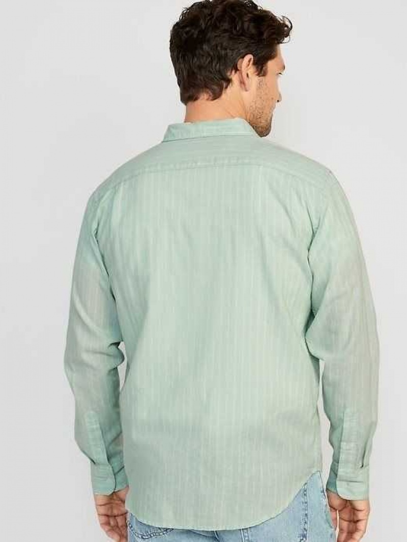 Old Navy Regular-Fit Everyday Non-Stretch Linen-Blend Shirt Green Stripes | CRJ685719