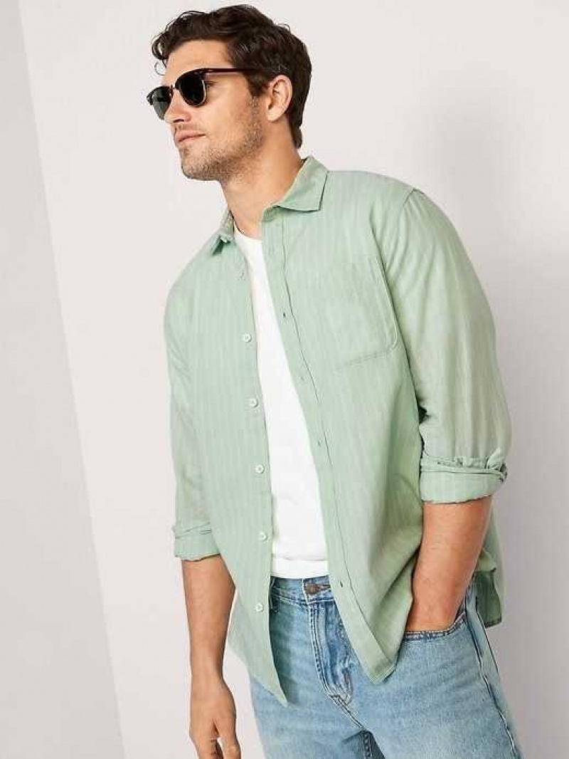 Old Navy Regular-Fit Everyday Non-Stretch Linen-Blend Shirt Green Stripes | CRJ685719