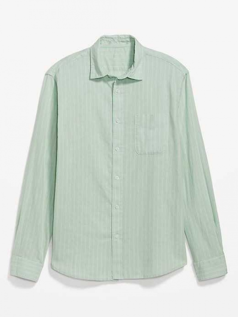 Old Navy Regular-Fit Everyday Non-Stretch Linen-Blend Shirt Green Stripes | CRJ685719