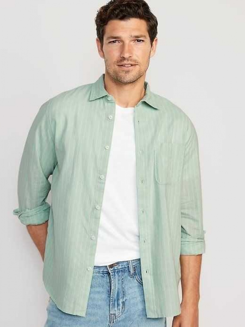 Old Navy Regular-Fit Everyday Non-Stretch Linen-Blend Shirt Green Stripes | CRJ685719