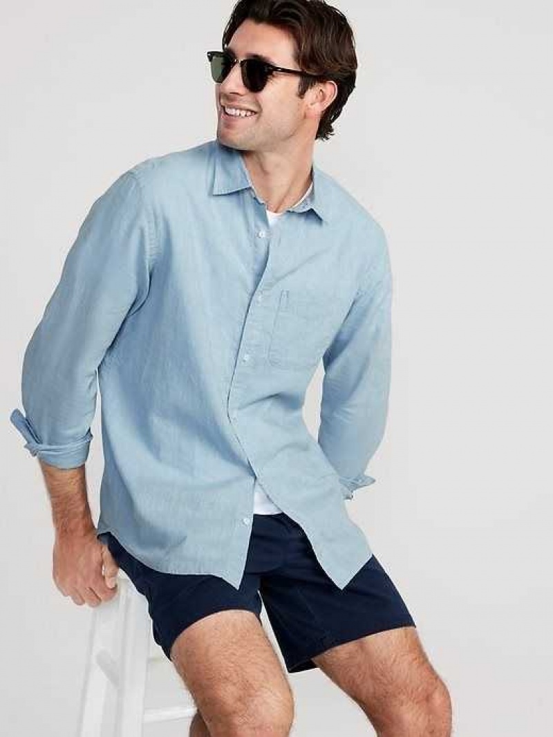 Old Navy Regular-Fit Everyday Non-Stretch Linen-Blend Shirt Blue | ZQF360728