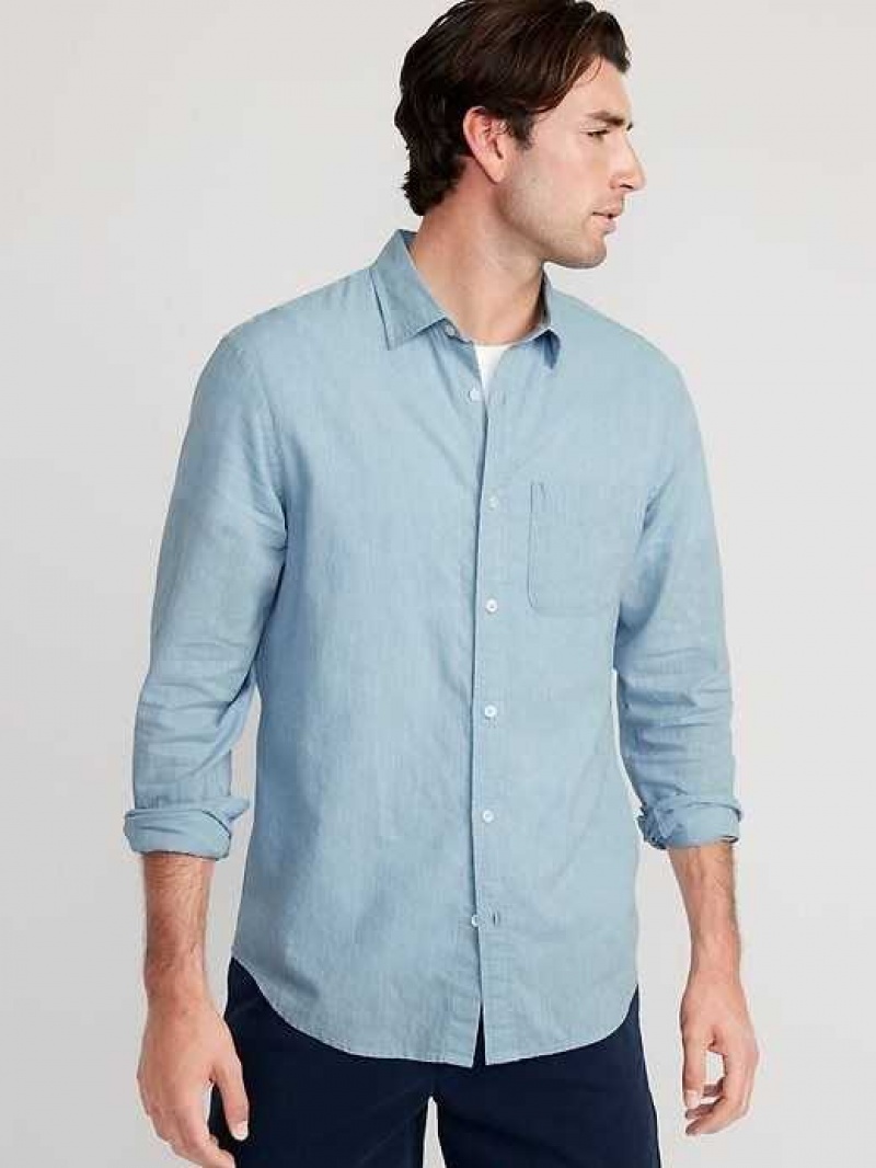 Old Navy Regular-Fit Everyday Non-Stretch Linen-Blend Shirt Blue | ZQF360728