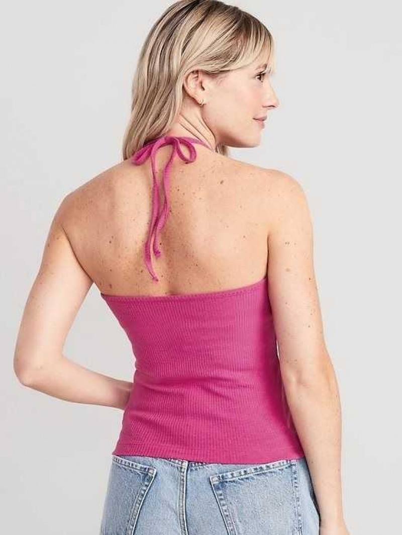 Old Navy Rib-Knit V-Neck Cropped Halter Top Dragonfruit | ZHA896135