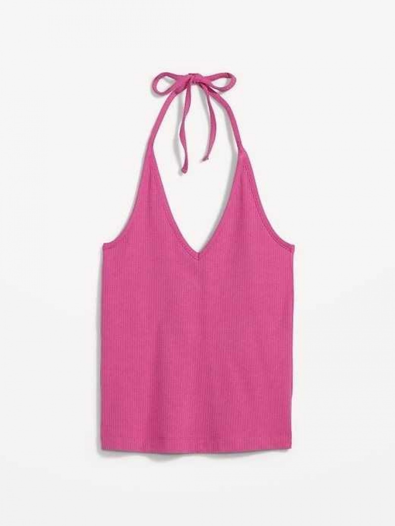 Old Navy Rib-Knit V-Neck Cropped Halter Top Dragonfruit | ZHA896135