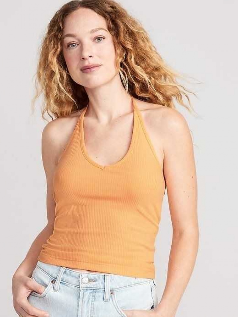 Old Navy Rib-Knit V-Neck Cropped Halter Top Wild Papaya | DQM672901