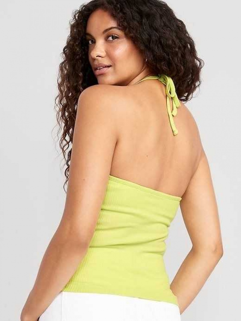 Old Navy Rib-Knit V-Neck Cropped Halter Top Pousse Verte | XCW316024