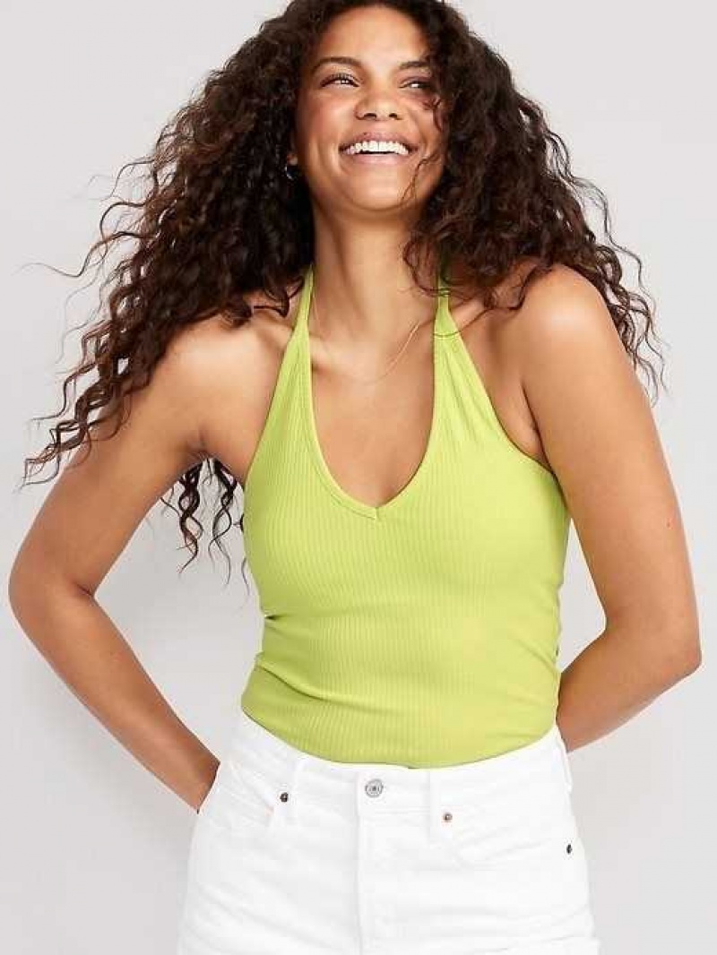 Old Navy Rib-Knit V-Neck Cropped Halter Top Pousse Verte | XCW316024