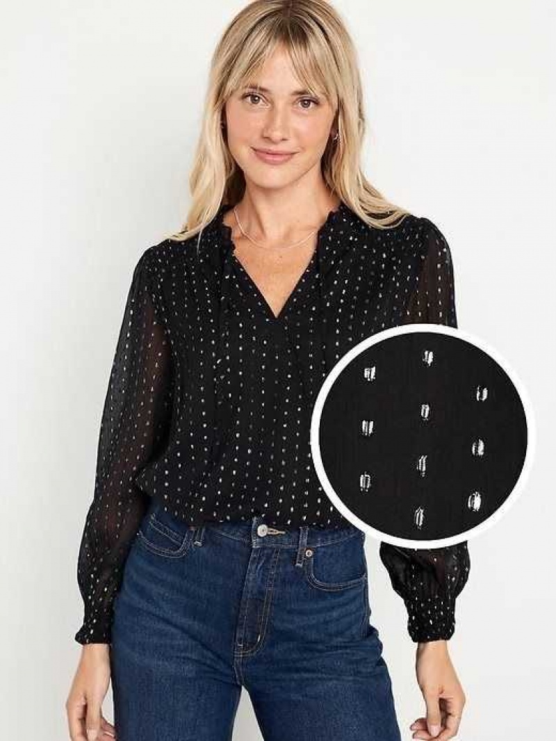 Old Navy Ruffle-Trim Clip-Dot Shine Top Black | EOS813649