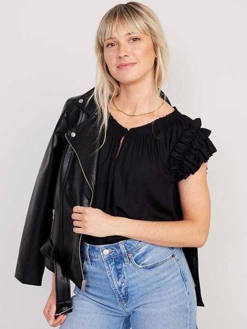 Old Navy Ruffle-Trim Smocked Top Black | QCE952137