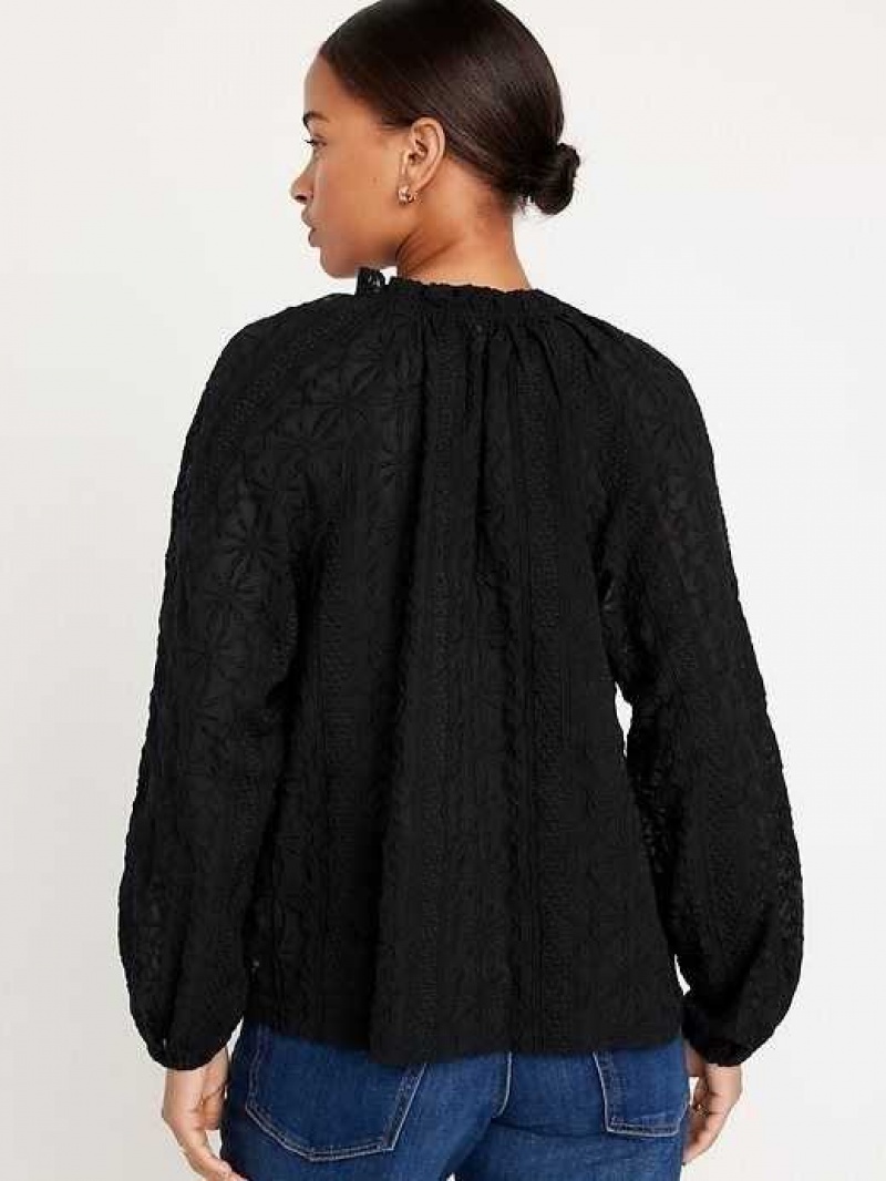 Old Navy Ruffle-Trim Split-Neck Top Black | JKH807259