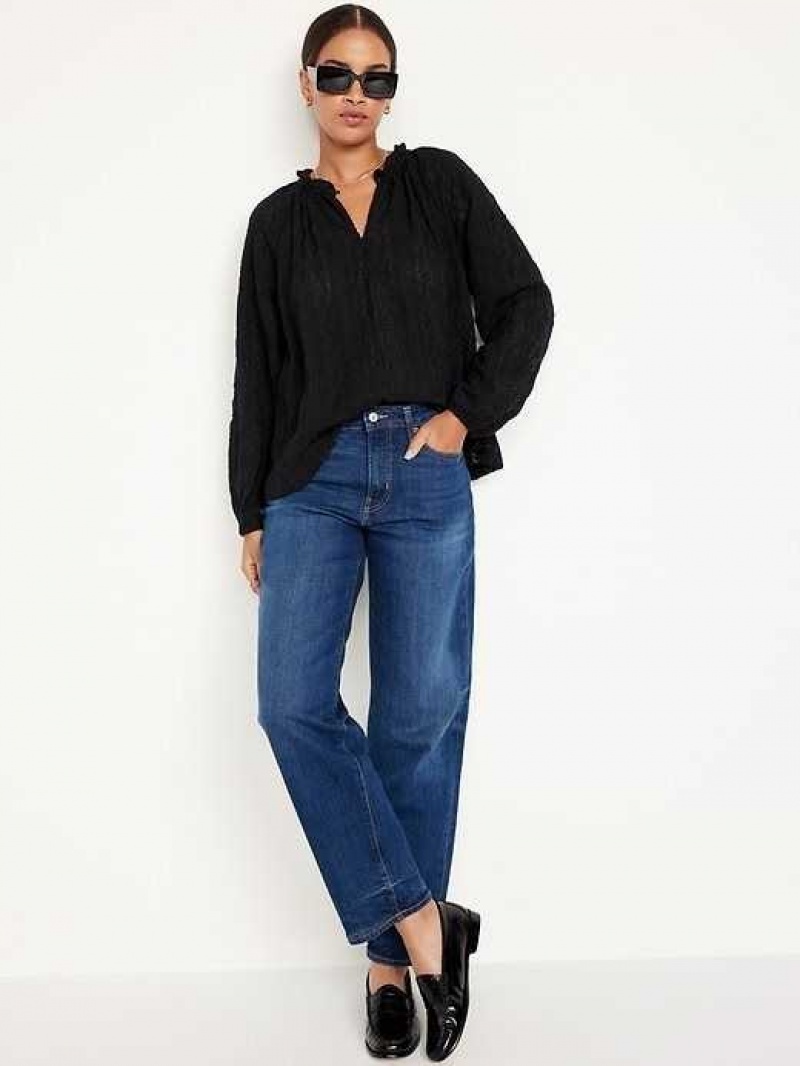 Old Navy Ruffle-Trim Split-Neck Top Black | JKH807259