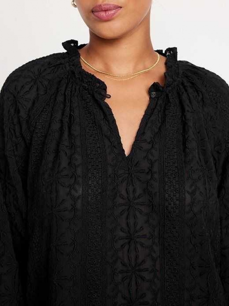 Old Navy Ruffle-Trim Split-Neck Top Black | JKH807259