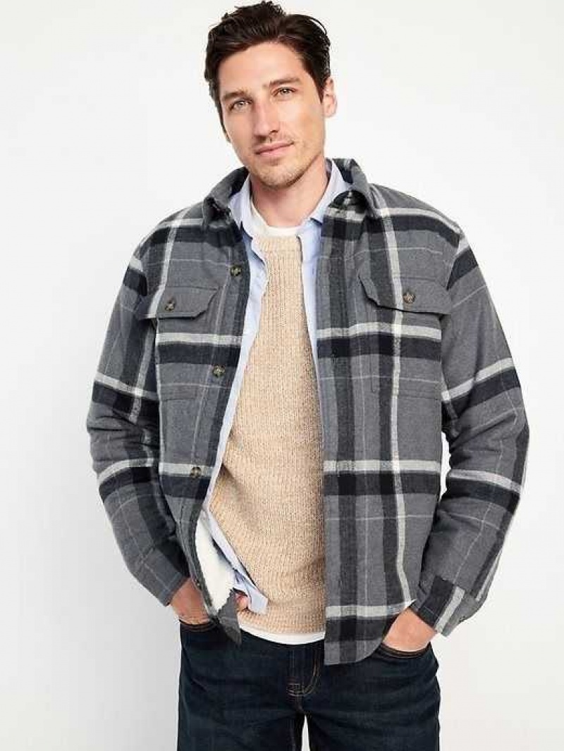 Old Navy Sherpa-Lined Flannel Shacket Grey | UOP269318