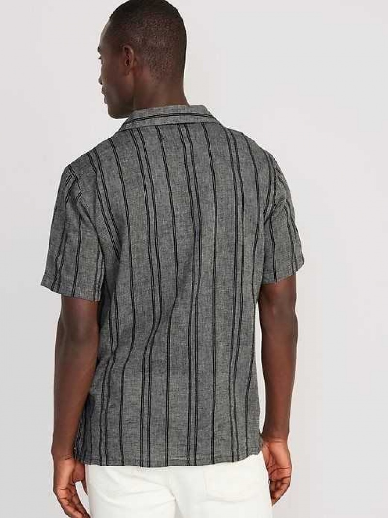 Old Navy Short-Sleeve Linen-Blend Camp Shirt Black Stripes | ACG843520