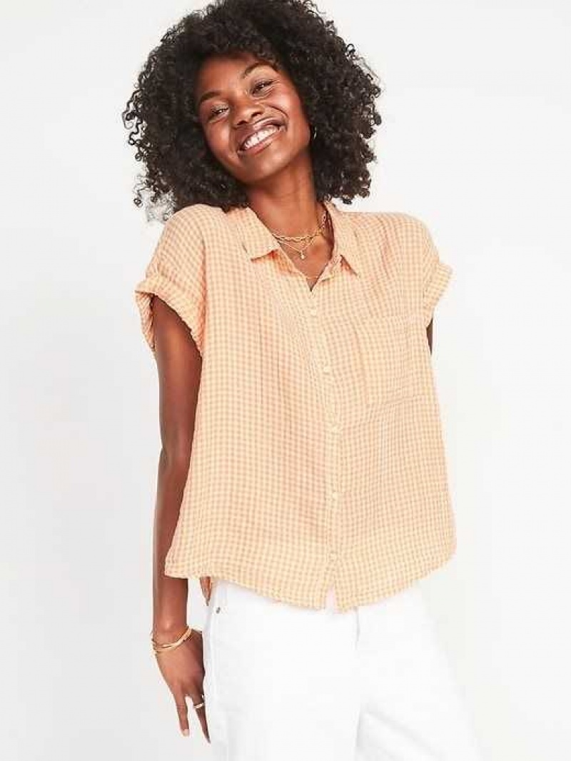 Old Navy Short-Sleeve Oversized Cropped Crinkled Gingham Shirt Orange | TZH254731