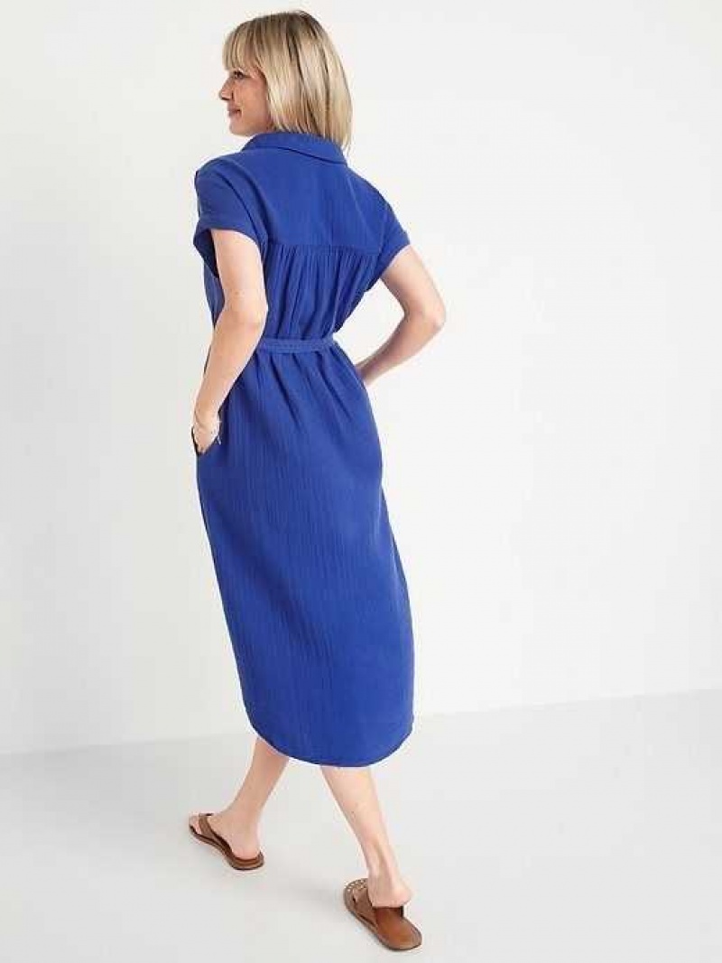 Old Navy Short-Sleeve Waist-Defined Midi Shirt Dress Blue | FBA274853